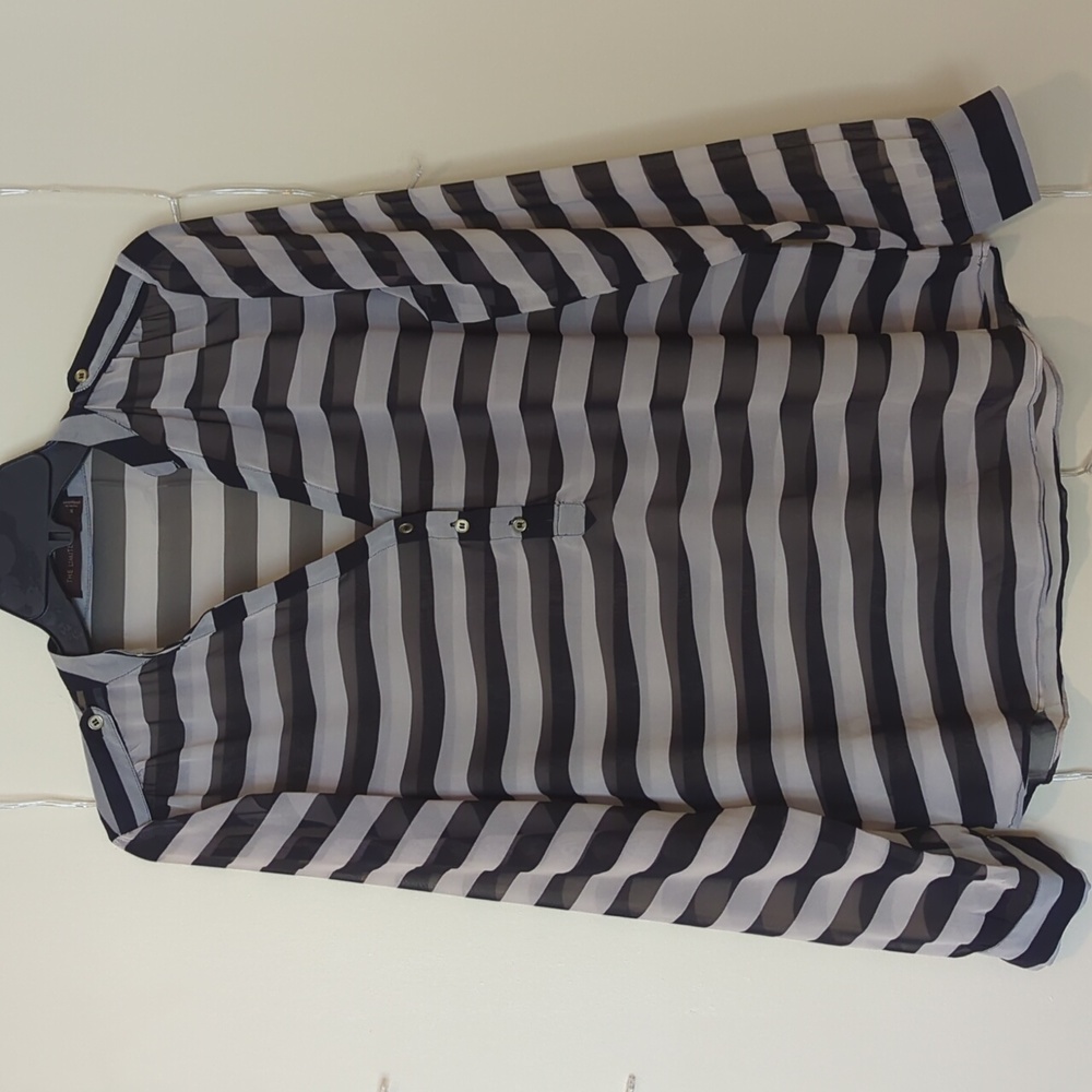 The Limited Sheer Striped Henley Blouse Black Cream Shoulder Tab Top Size M